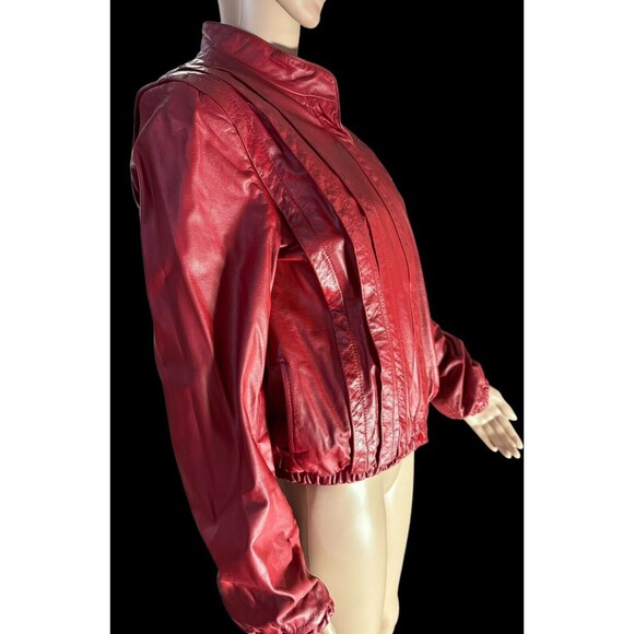Vintage 80s red leather pleat assymetrical jacket Size  15/16 - Picture 3 of 14